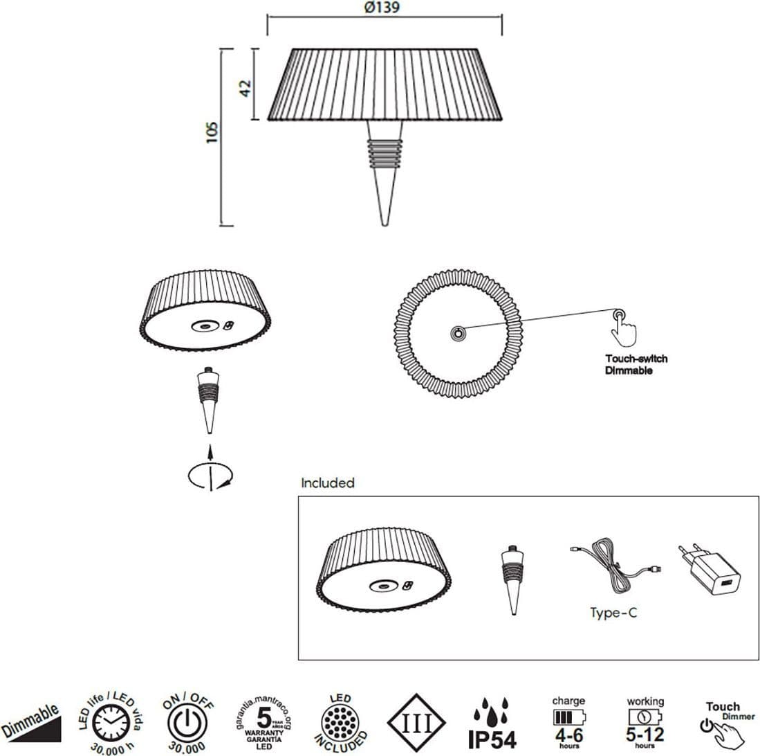 Abat-jour esterno batteria Mantra RELAX 3000K 180LM IP54 dimmerabile lampada tavolo moderna usb touch - 5