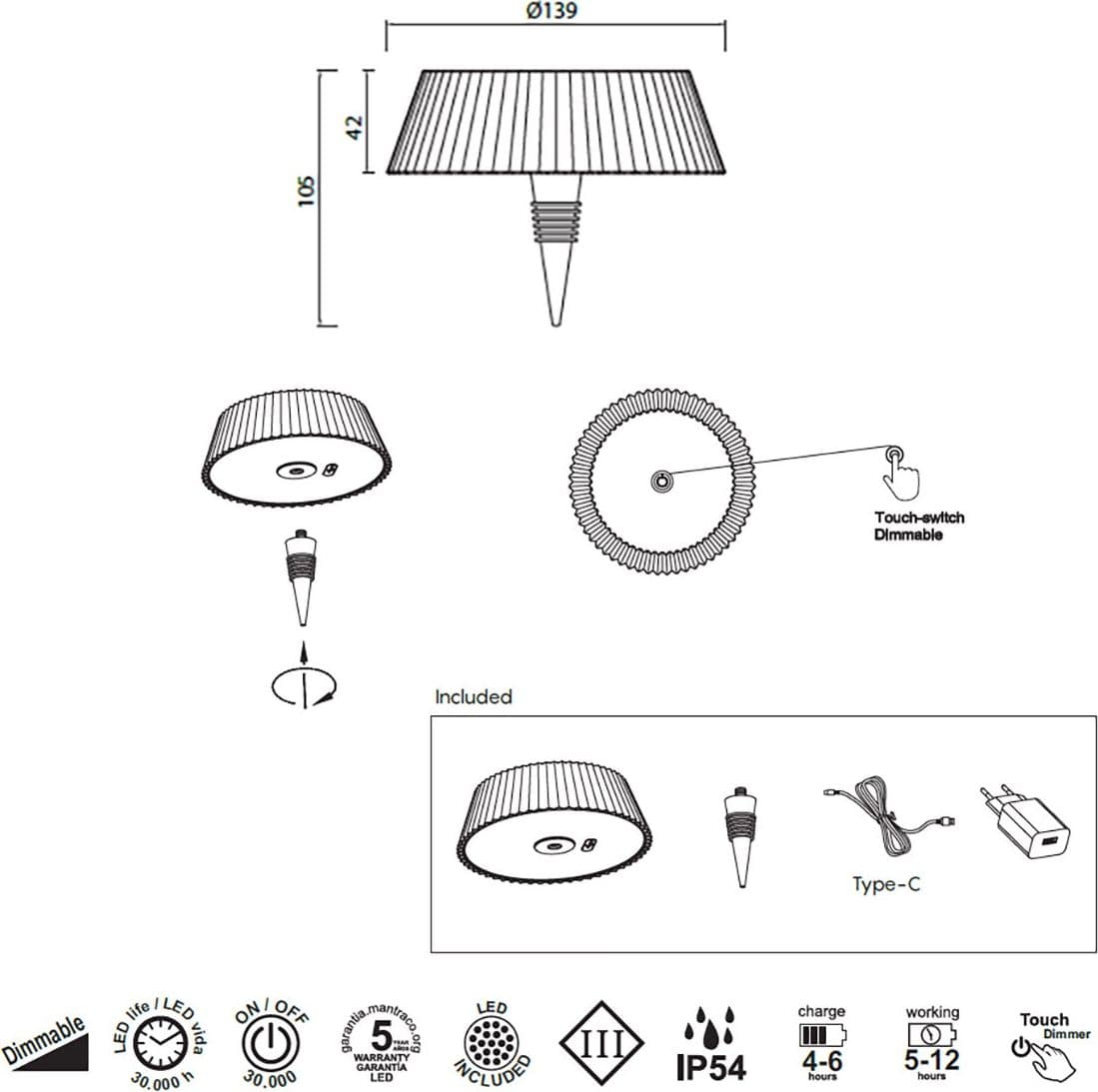Abat-jour esterno batteria Mantra RELAX 3000K 180LM IP54 dimmerabile lampada tavolo moderna usb touch - 5