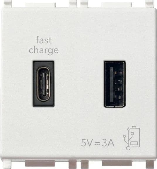 Vimar Plana USB A+C 5V 2,4A 1 Modulo Bianco - Doppia Uscita per Caricamento Elettronici (SKU: 14295.AC) - 2