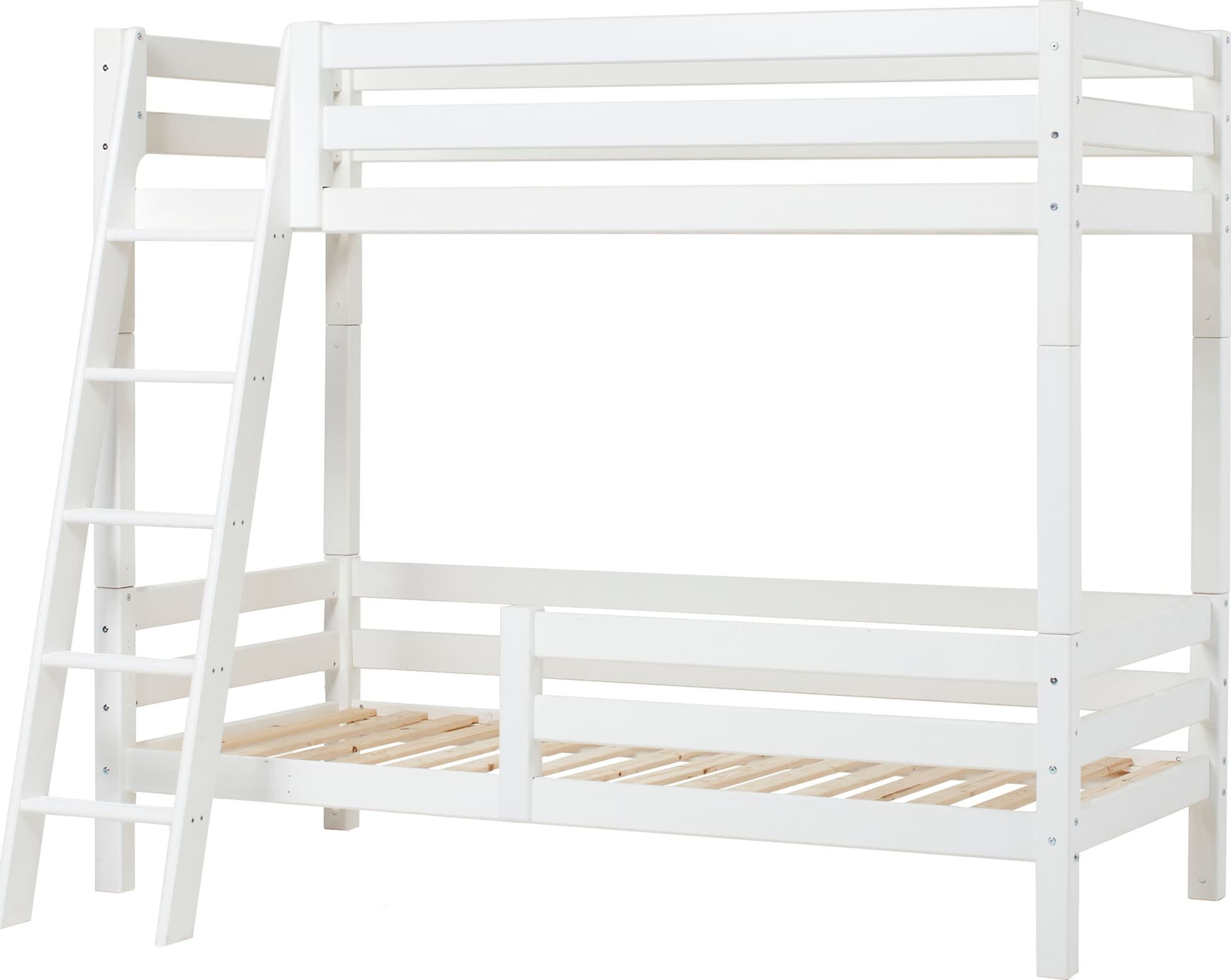 Hoppekids Letto a Castello Alto di Lusso ECO 90x200 cm con Sponda Schienale, Sponda sul Letto Inferiore e Scaletta Inclinata, Bianco