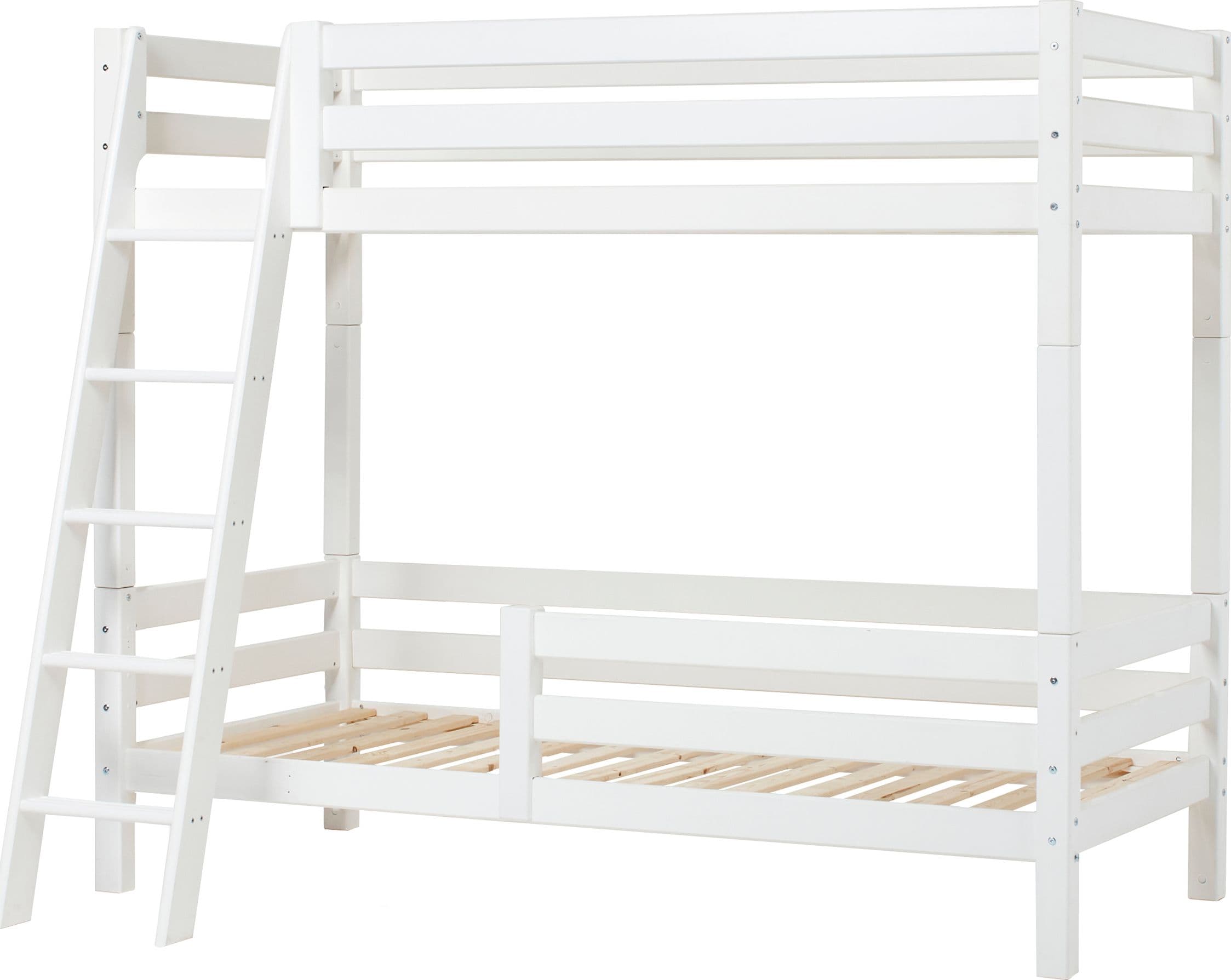 Hoppekids Letto a Castello Alto di Lusso ECO 90x200 cm con Sponda Schienale, Sponda sul Letto Inferiore e Scaletta Inclinata, Bianco
