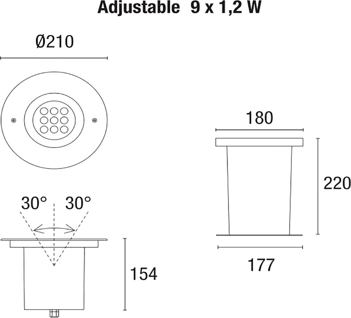 Faretto incasso PAN International BART MULTILED ADJUSTABLE 9x1.2W LED IP67 acciaio inox calpestabile carrabile orientabile - 3