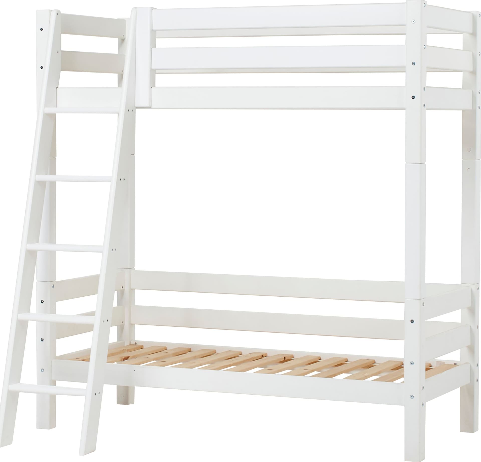 Letto a Castello Alto di Lusso Hoppekids ECO 70x160 cm con Spalliera sul Letto Inferiore e Scaletta Inclinata - Bianco
