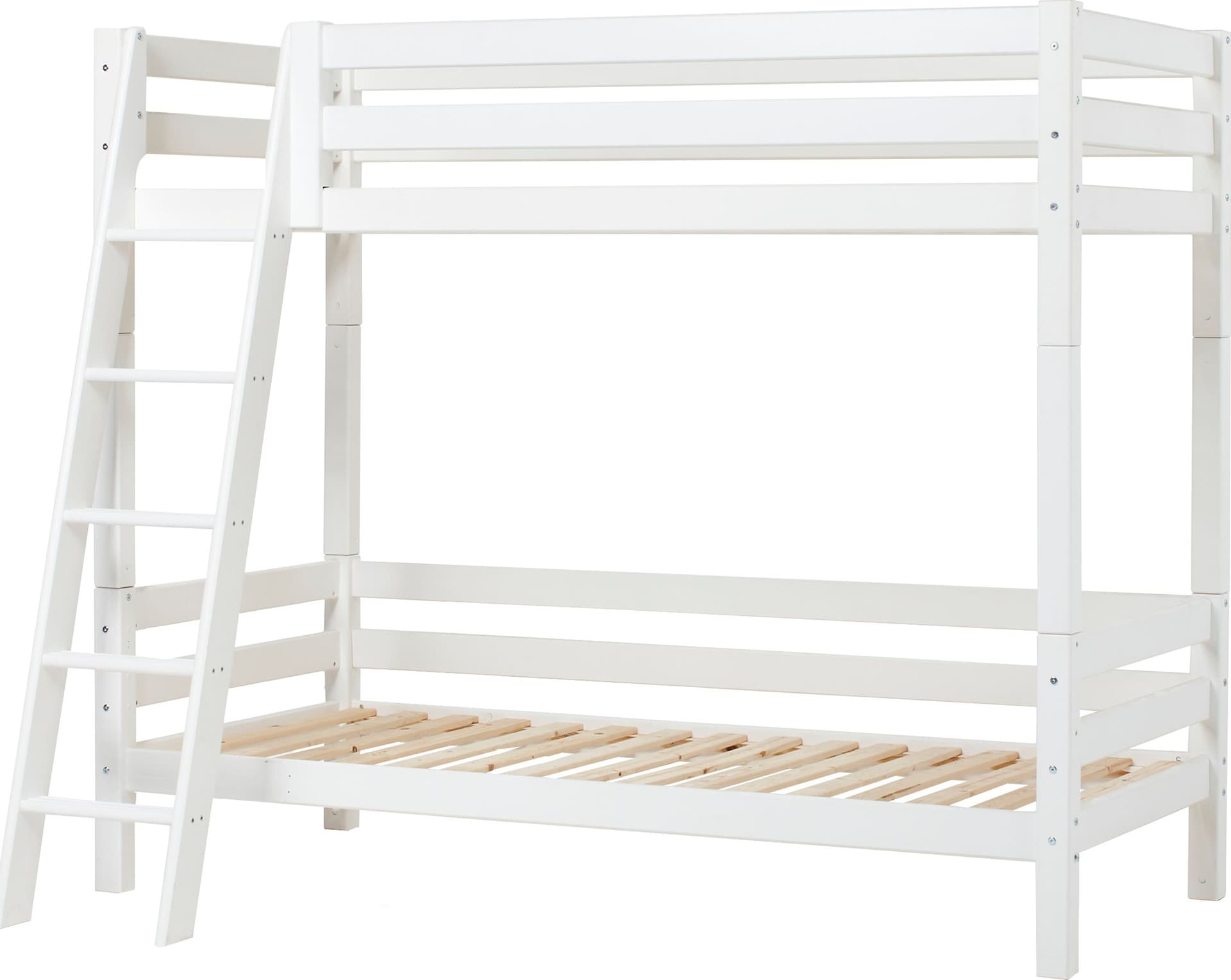 Letto a Castello Alto di Lusso Hoppekids ECO 90x200 cm con Spalliera sul Letto Inferiore e Scaletta Inclinata - Bianco