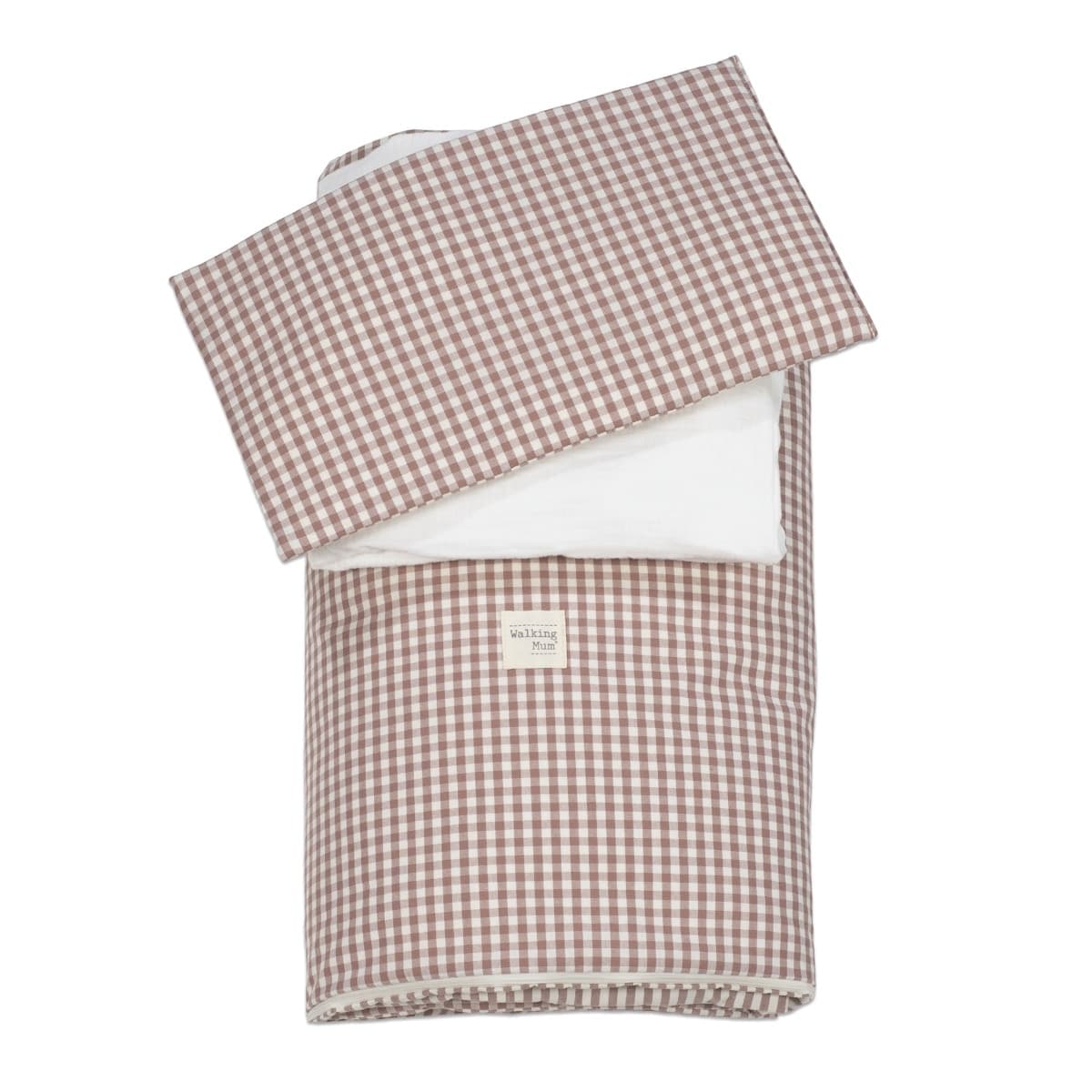 Piumino per culla + lenzuolo con angoli + cuscino 120x60 cm Pasito a Pasito WM Praliné Vichy/Strisce Moka TOG 2,5 - 9