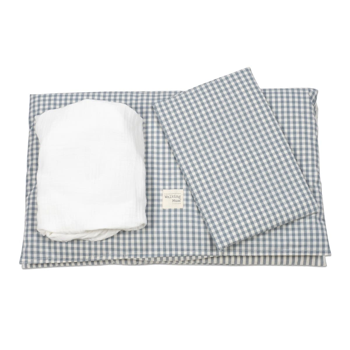 Piumino per culla + lenzuolo con angoli + cuscino 90x50 cm Pasito a Pasito WM Praliné Vichy/Strisce Matcha TOG 2,5 - 11