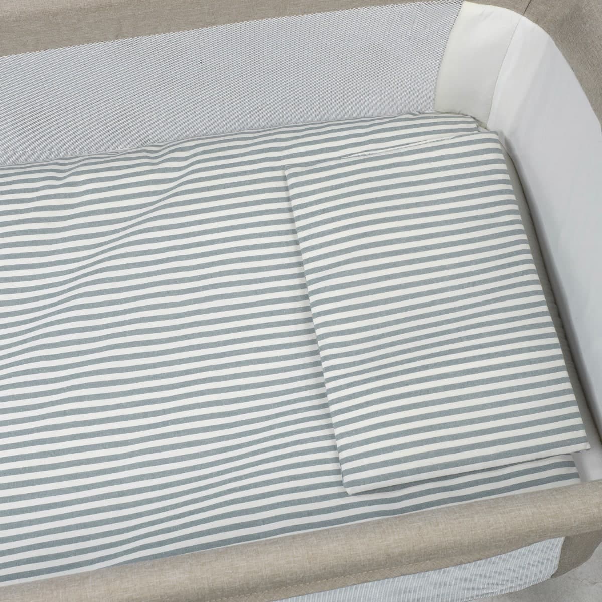 Piumino per culla + lenzuolo con angoli + cuscino 90x50 cm Pasito a Pasito WM Praliné Vichy/Strisce Matcha TOG 2,5 - 4
