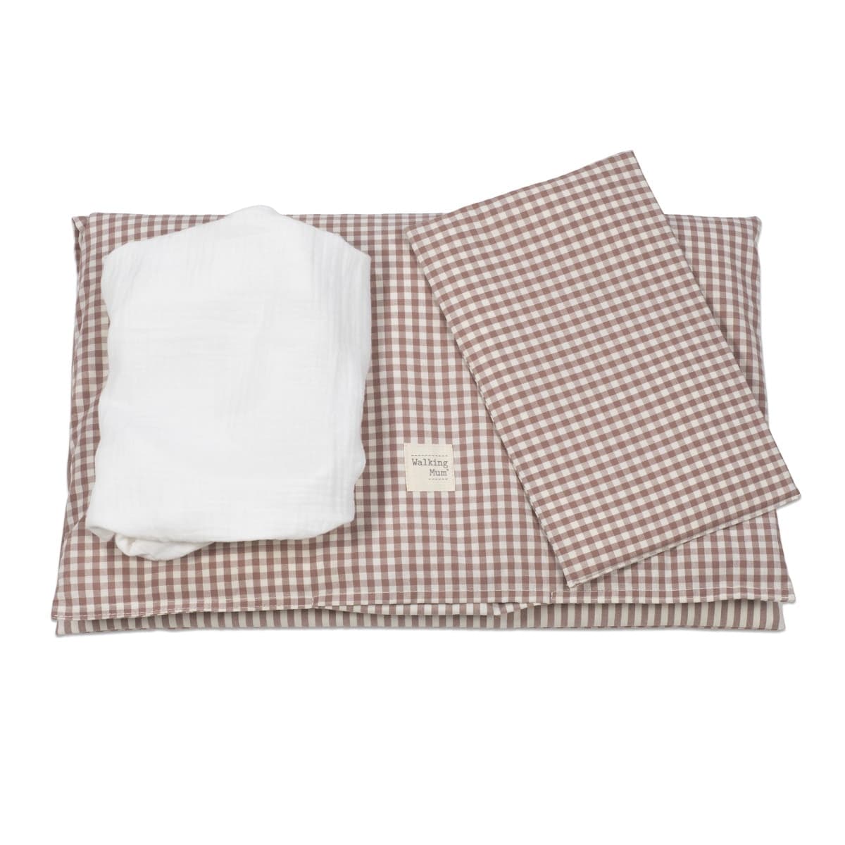 Piumino per culla + lenzuolo con angoli + cuscino 90x50 cm Pasito a Pasito WM Praliné Vichy/Strisce Moka TOG 2,5 - 11