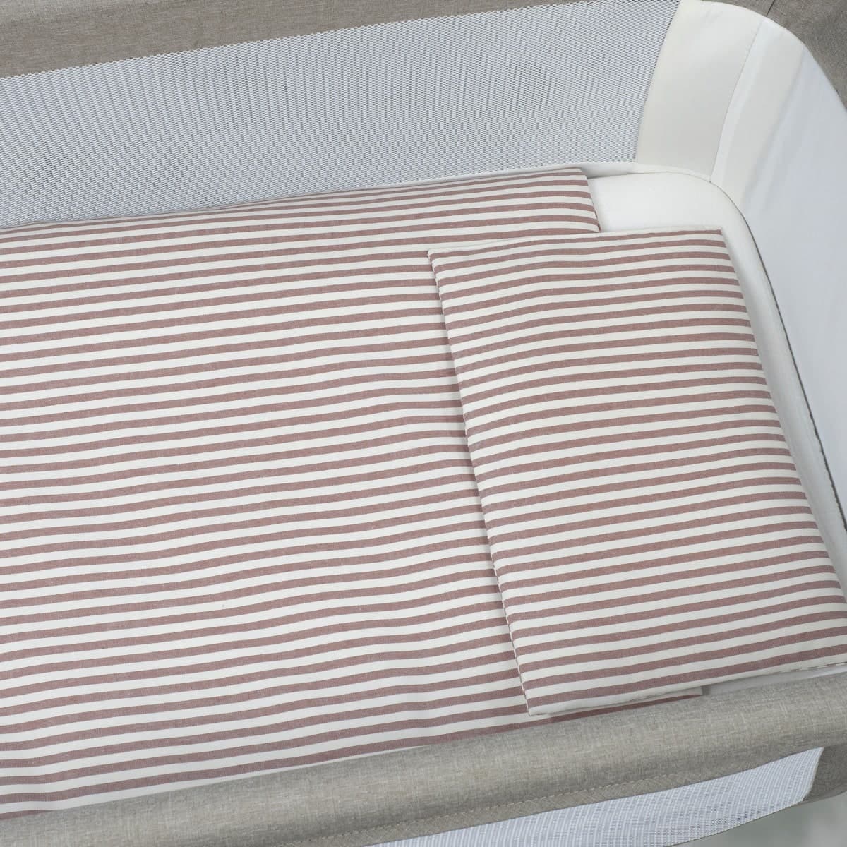Piumino per culla + lenzuolo con angoli + cuscino 90x50 cm Pasito a Pasito WM Praliné Vichy/Strisce Moka TOG 2,5 - 3