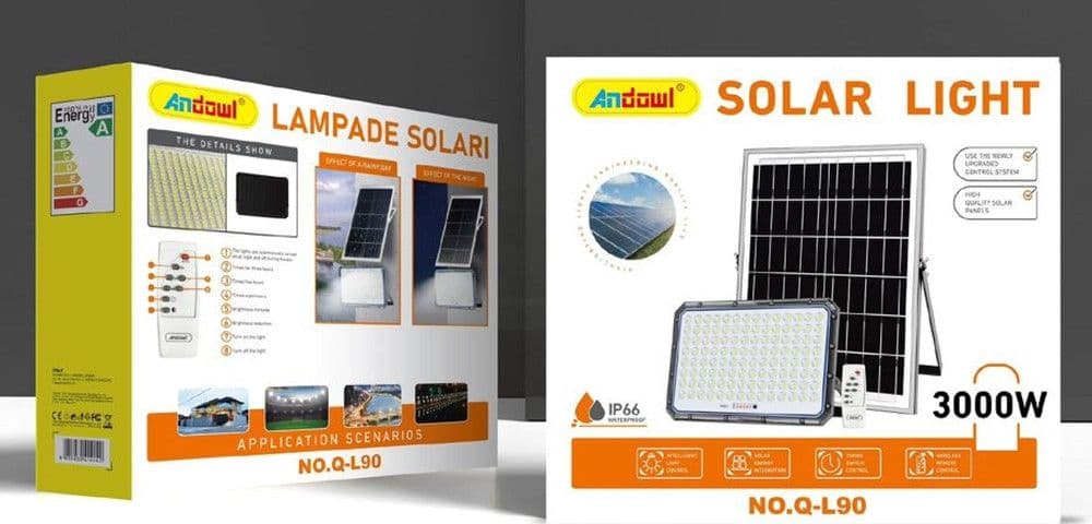 FARETTO PROIETTORE LED PANNELLO SOLARE 3000W IP66 IMPERMEABILE TELECOMANDO ESTERNO Q-L90 - 2