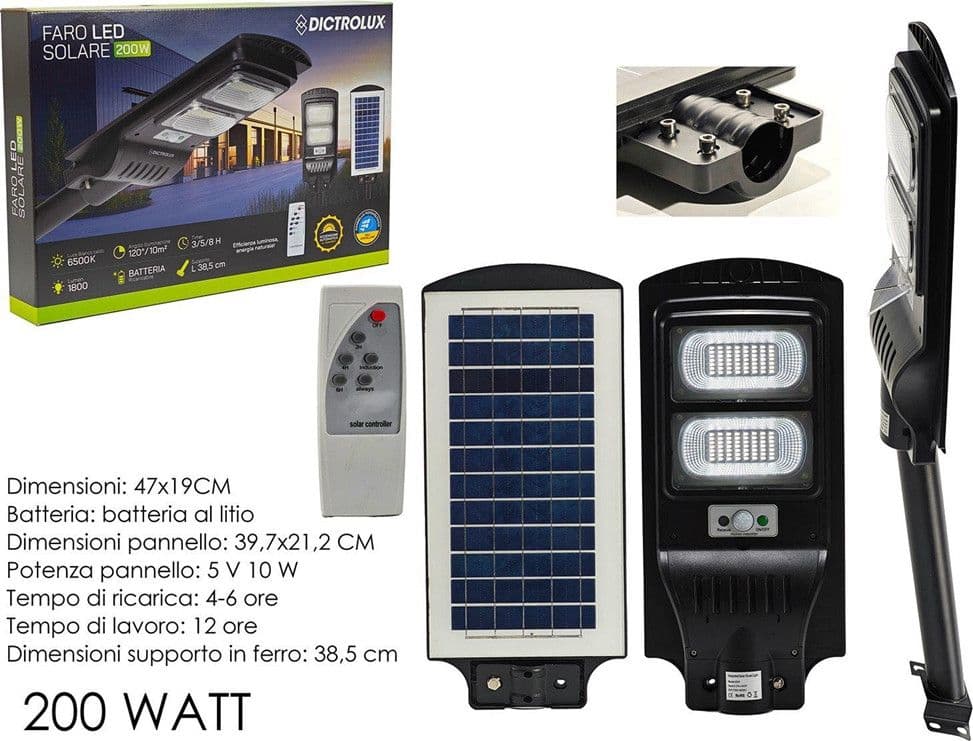 LAMPIONE STRADALE FARETTO PANNELLO SOLARE LED 200 WATT 1800 LM CON TELECOMANDO SUPPORTO - 2