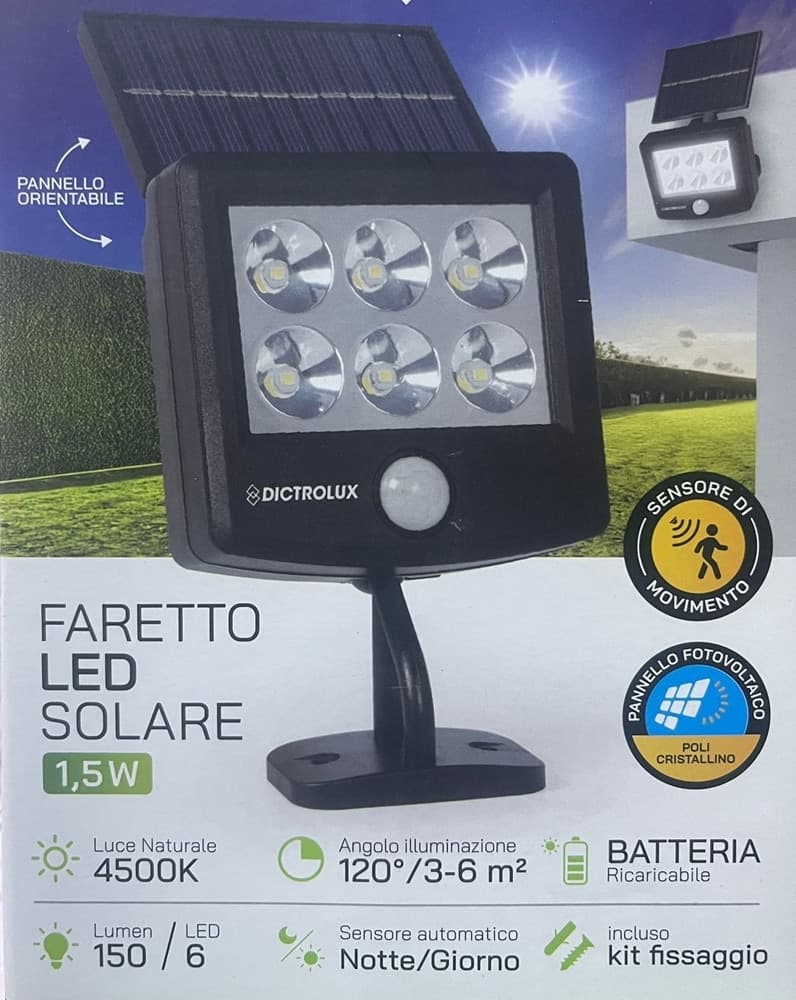 FARETTO SOLARE LED LUCE NATURALE CON PANNELLO ORIENTABILE SENSORE MOVIMENTO CREPUSCOLARE - 2