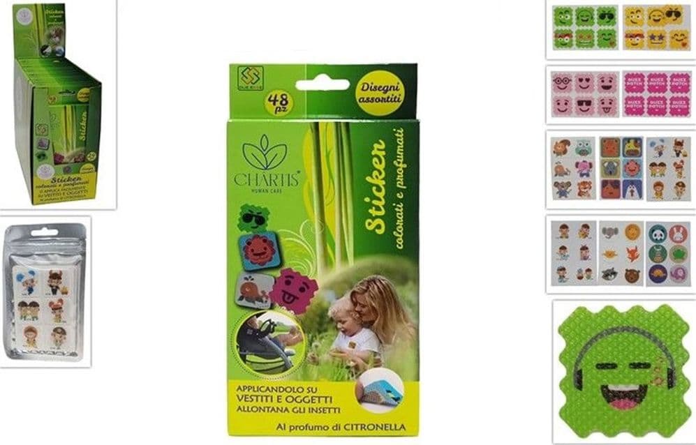 SET 24PZ DA 48 STICKER PROFUMATI CITRONELLA COLORATI ASSORTITI ANTIZANZARE BAMBINI 639603A - 2