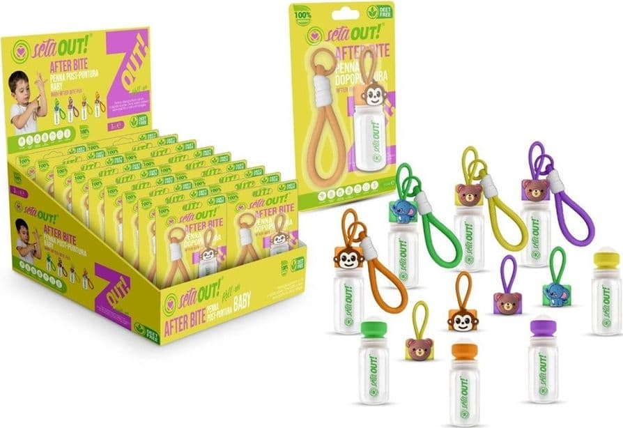 SET 18PZ AFTER BITE PENNA POST-PUNTURA BABY 3ML CON LACCIO SILICONE FORMA ANIMALI 625709A - 2