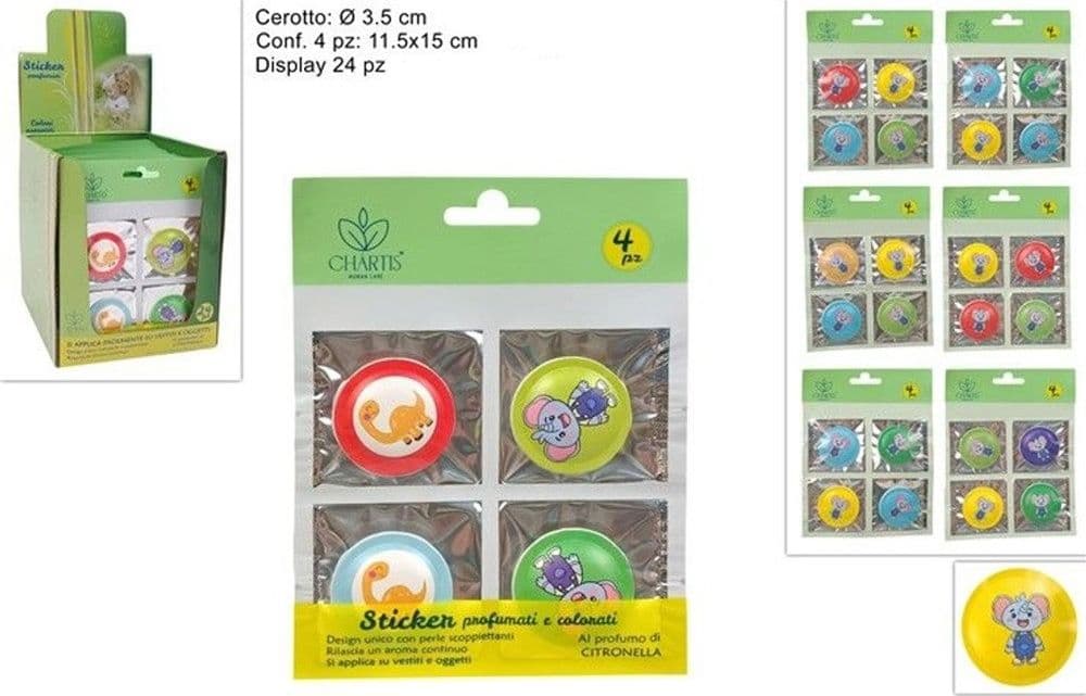 SET 24PZ DA 4 STICKER CEROTTI COLORATI ANTIZANZARE PROFUMATI CITRONELLA ANIMALI 692615A - 2
