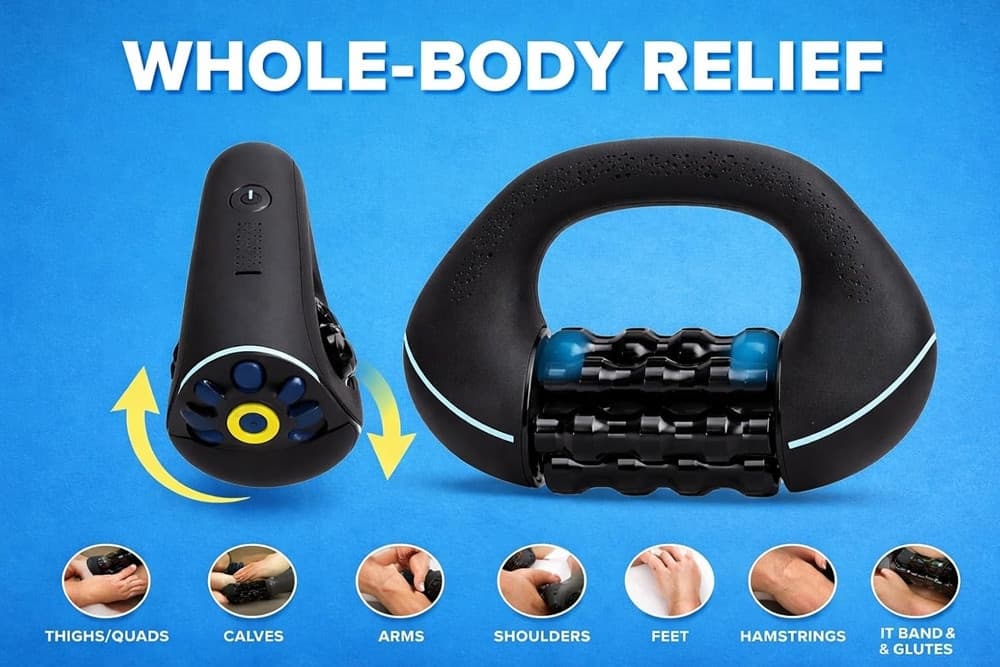 MASSAGGIATORE A RULLO ELETTRICO SOLLIEVO MUSCOLARE CORPO BATTERIA RICARICABILE ERGONOMICA - 6