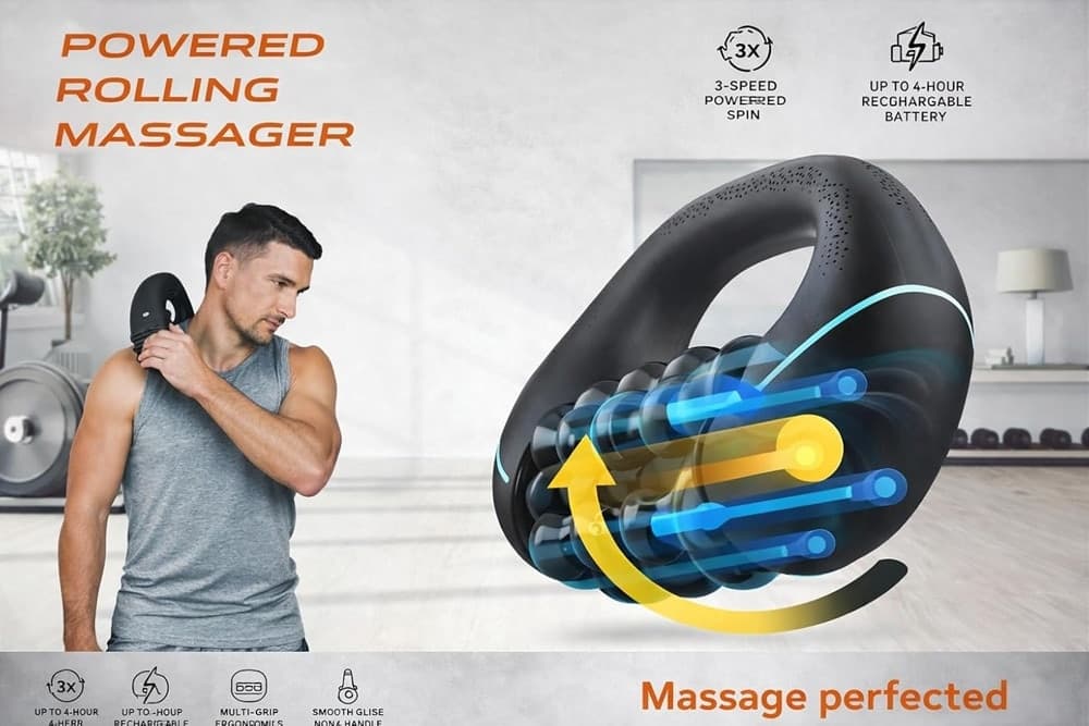 MASSAGGIATORE A RULLO ELETTRICO SOLLIEVO MUSCOLARE CORPO BATTERIA RICARICABILE ERGONOMICA - 7