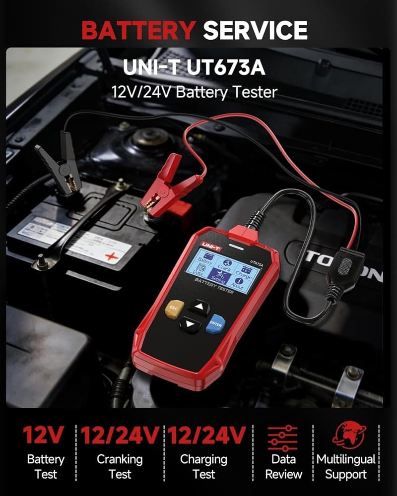 TESTER PER BATTERIE UT673A AUTO ANALIZZATORE CARICA TENSIONE BATTERIA 12V 24V SCANSIONE - 8