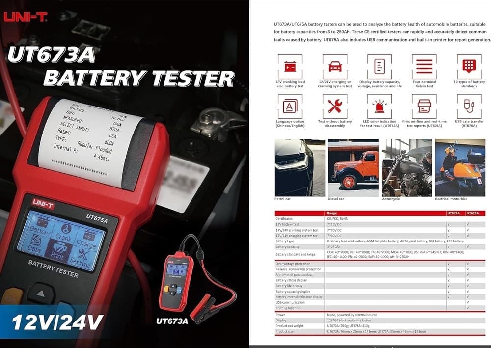 TESTER PER BATTERIE UT673A AUTO ANALIZZATORE CARICA TENSIONE BATTERIA 12V 24V SCANSIONE - 10