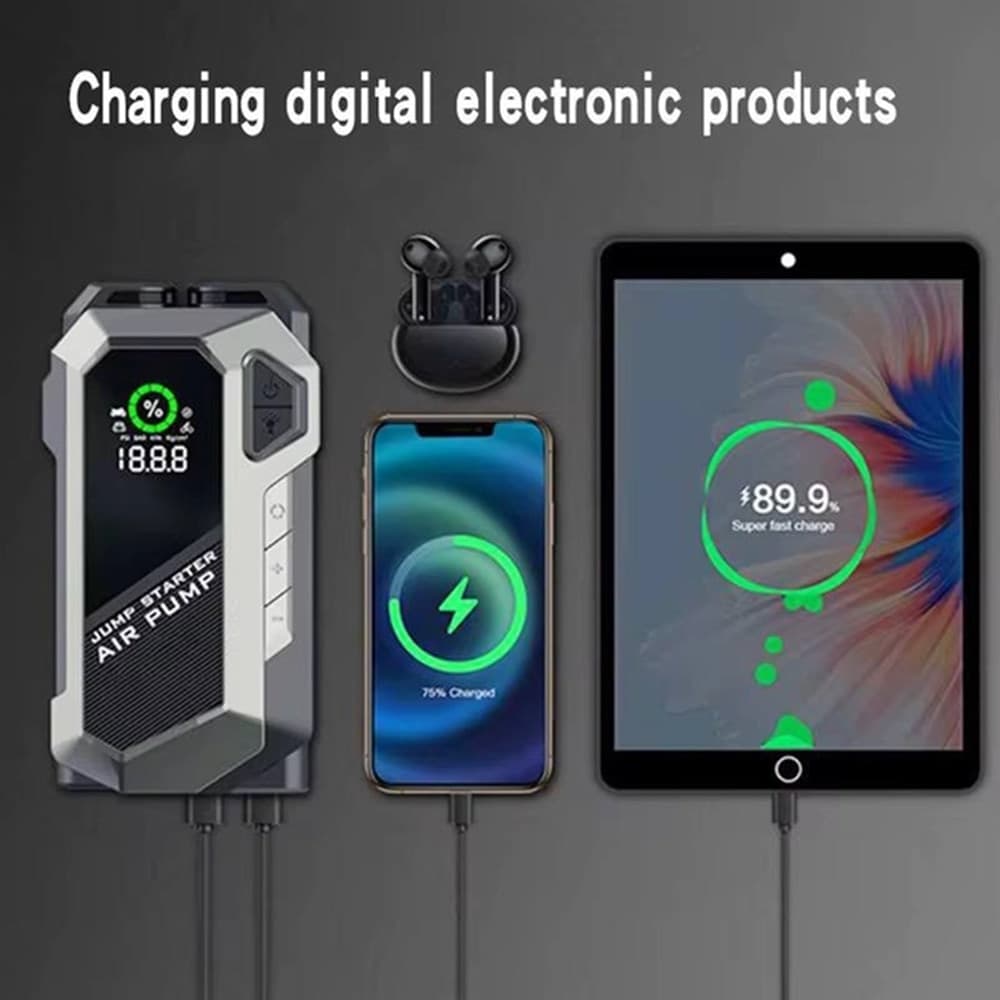 AVVIATORE DI EMERGENZA PER AUTO PORTATILE CON COMPRESSORE D'ARIA TORCIA POWER BANK 4IN1 - 3