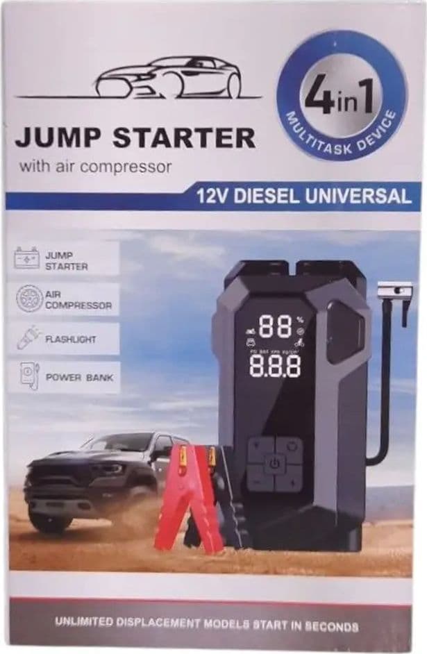 AVVIATORE DI EMERGENZA MULTIFUNZIONE 4 IN 1 PER AUTO 12V CON COMPRESSORE TORCIA POWER BANK - 2