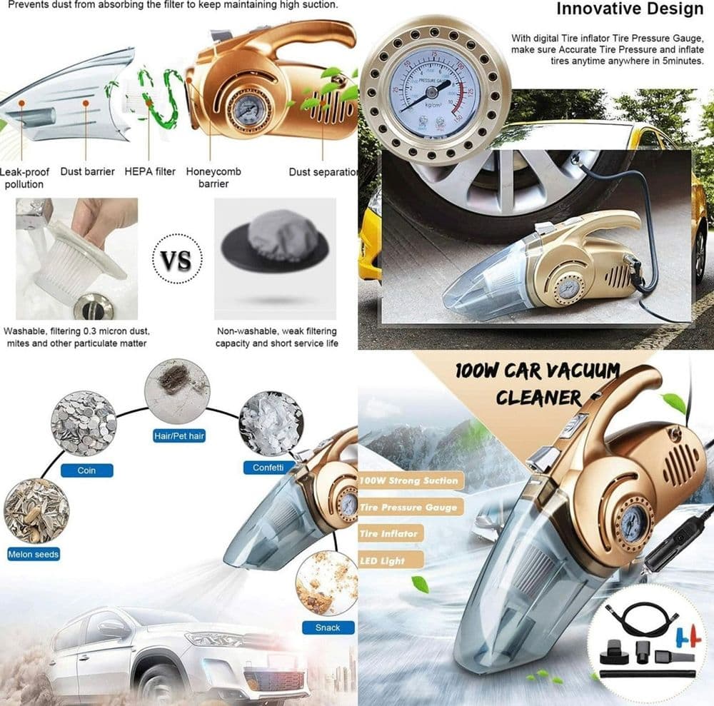 ASPIRAPOLVERE PORTATILE 4IN1 MULTIFUNZIONE PER AUTO CON POMPA GONFIABILE COMPRESSORE D'ARIA - 2