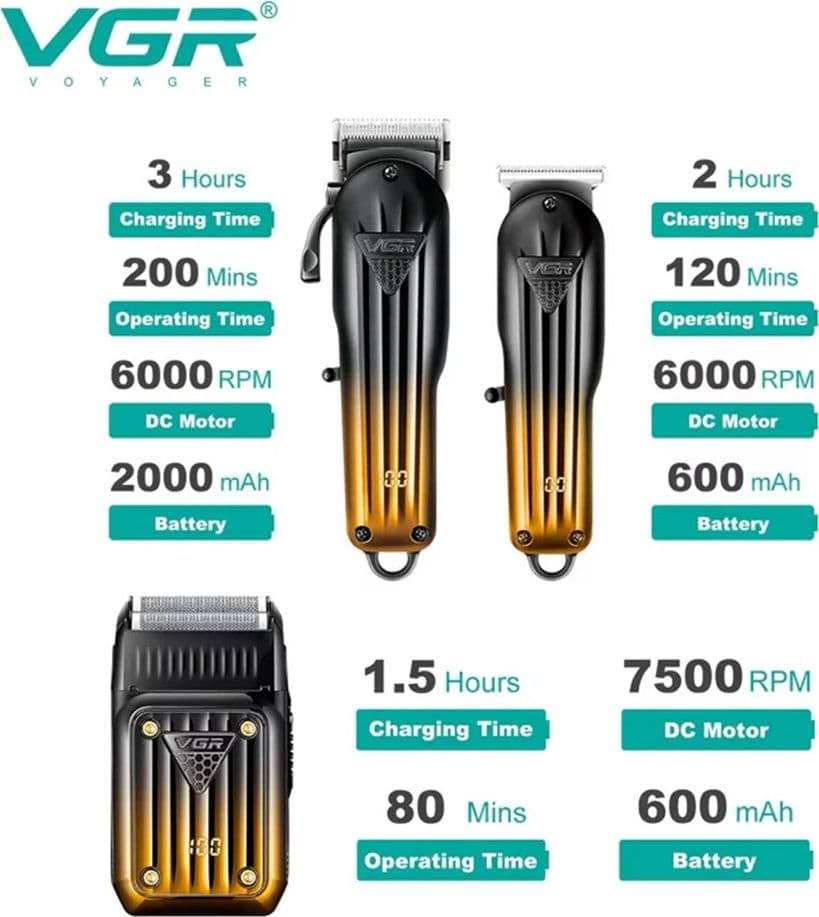 VGR V-644 Tagliacapelli Professionale Trimmer Barber Rasoio Kit 3in1 - 3