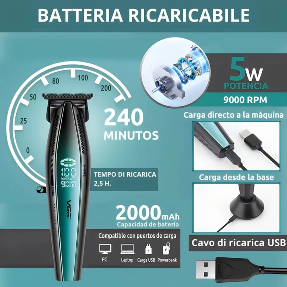 Trimmer Barber VGR V-992 T-Cut Rasoio Professionale Fade Contorni - 7