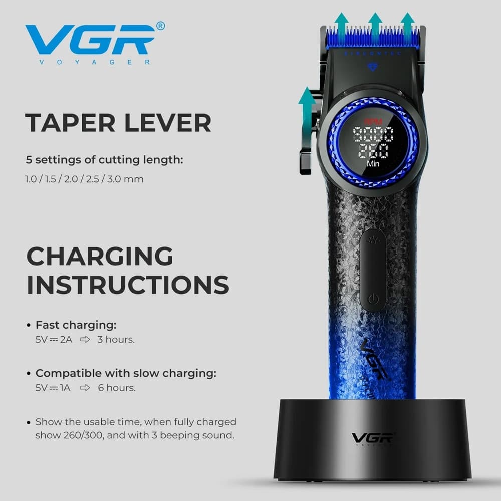 Tagliacapelli Professionale VGR V-001 Blue Edition Clipper Barber Rasoio Fade - 6