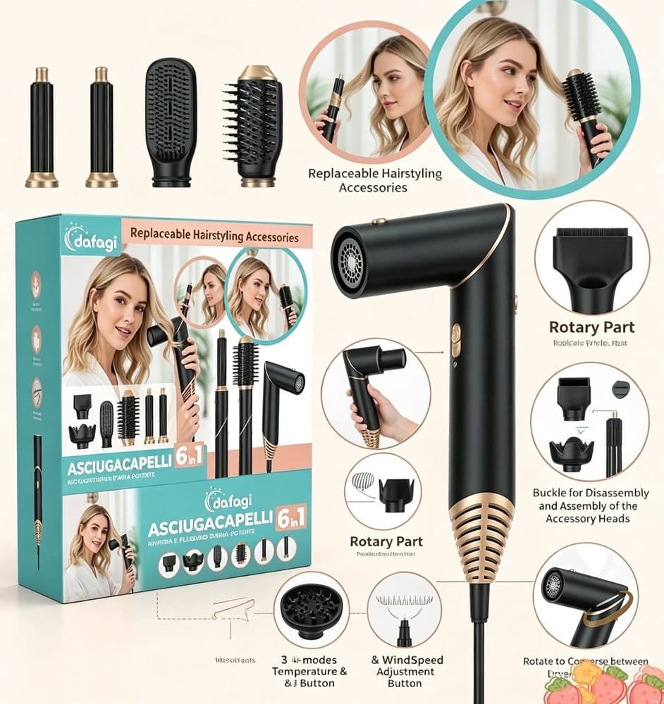 ASCIUGACAPELLI SPAZZOLA AD ARIA CALDA ARRICCIACAPELLI 6IN1 MULTIFUNZIONE STYLING DIFFUSORE - 16