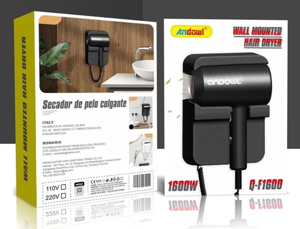 ASCIUGACAPELLI DA PARETE HOTEL 1600W DA 1,6 KW CON SUPPORTO CAVO A SPIRALE 60 CM Q-F1600 - 2