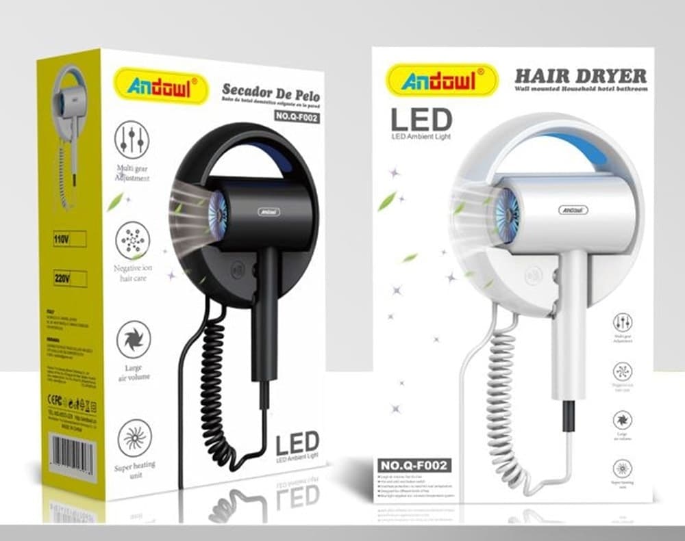 ASCIUGACAPELLI DA PARETE PER HOTEL CON IONI NEGATIVI LUCE LED BLU CALDO/FREDDO Q-F002 - 2