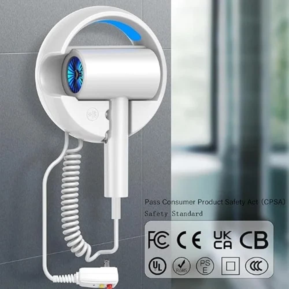 ASCIUGACAPELLI DA PARETE PER HOTEL CON IONI NEGATIVI LUCE LED BLU CALDO/FREDDO Q-F002 - 8