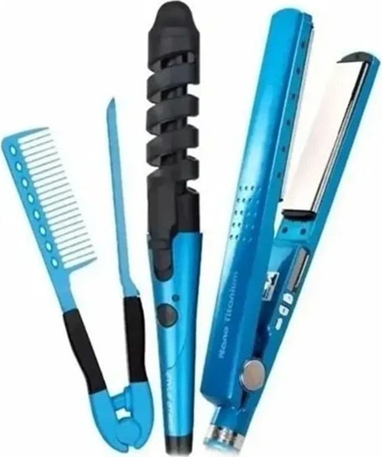 SET PIASTRA 3IN1 PER CAPELLI IN NANO TITANIO CERAMICA CON FERRO ARRICCIACAPELLI PETTINE - 10