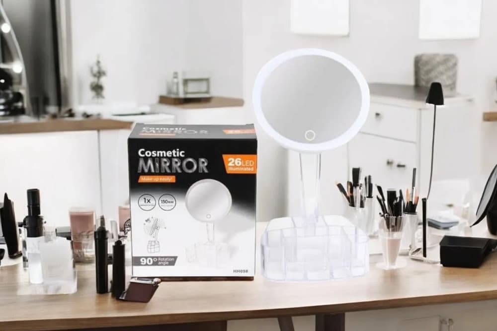 SPECCHIO TRUCCO DA TAVOLO CON LUCE 26 LED PORTA ACCESSORI TRASPARENTE INGRANDIMENTO 1X - 15