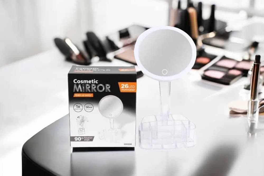 SPECCHIO TRUCCO DA TAVOLO CON LUCE 26 LED PORTA ACCESSORI TRASPARENTE INGRANDIMENTO 1X - 17
