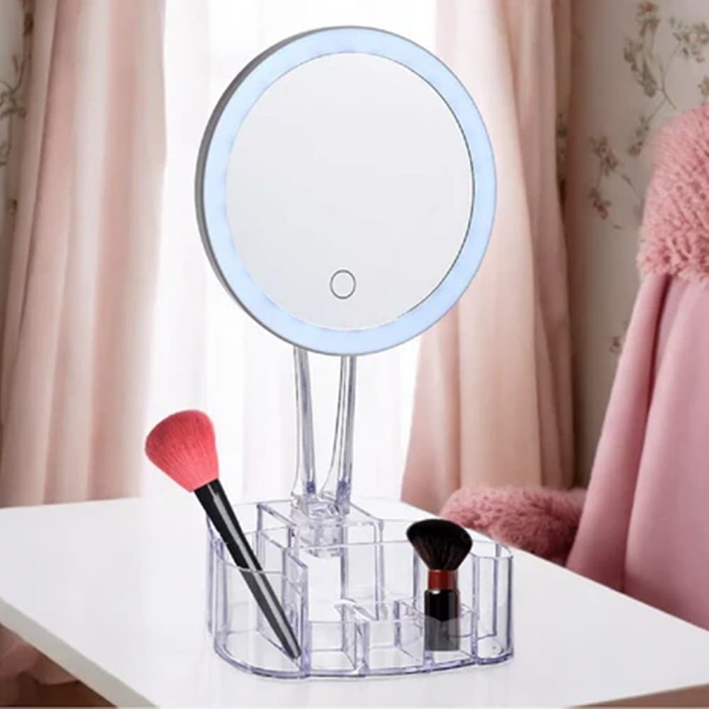SPECCHIO TRUCCO DA TAVOLO CON LUCE 26 LED PORTA ACCESSORI TRASPARENTE INGRANDIMENTO 1X - 5