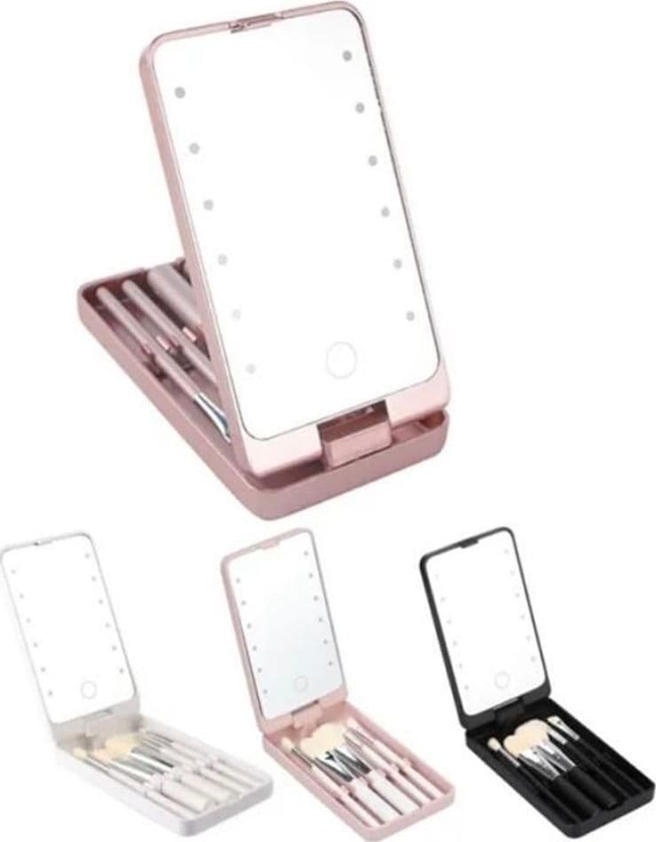 SPECCHIO PER TRUCCO PORTATILE CON SET PENNELLI ROTAZIONE 360° LUCI LED RICARICABILE TOUCH