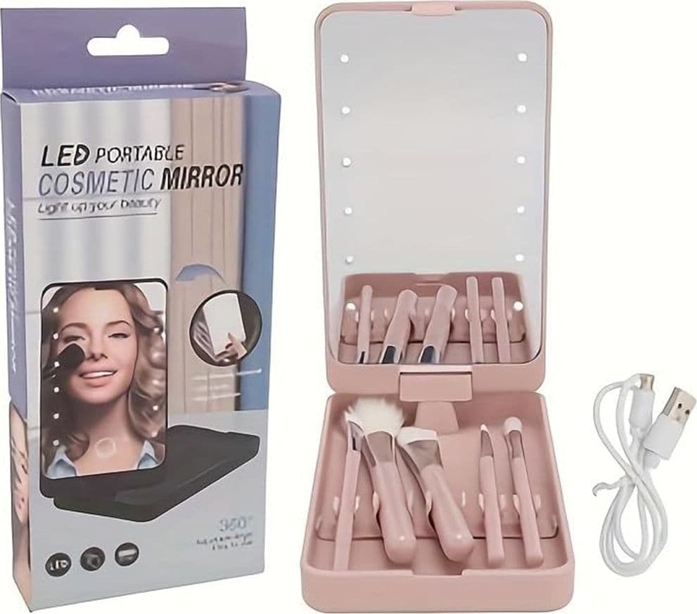 SPECCHIO PER TRUCCO PORTATILE CON SET PENNELLI ROTAZIONE 360° LUCI LED RICARICABILE TOUCH - 12
