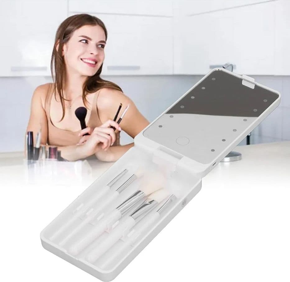 SPECCHIO PER TRUCCO PORTATILE CON SET PENNELLI ROTAZIONE 360° LUCI LED RICARICABILE TOUCH - 13