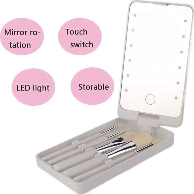 SPECCHIO PER TRUCCO PORTATILE CON SET PENNELLI ROTAZIONE 360° LUCI LED RICARICABILE TOUCH - 15