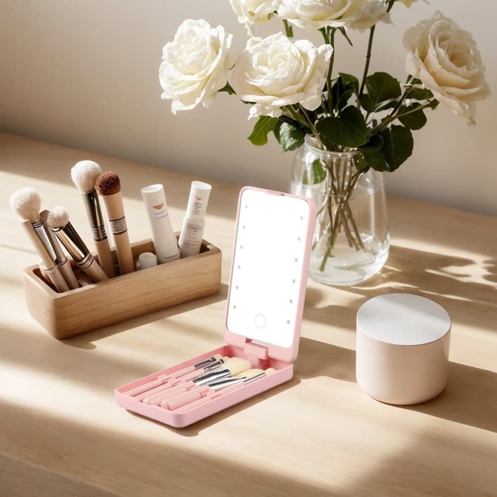 SPECCHIO PER TRUCCO PORTATILE CON SET PENNELLI ROTAZIONE 360° LUCI LED RICARICABILE TOUCH - 16