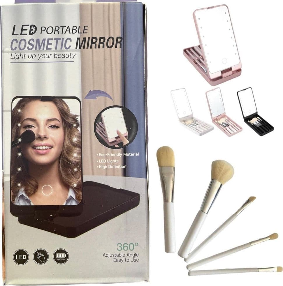 SPECCHIO PER TRUCCO PORTATILE CON SET PENNELLI ROTAZIONE 360° LUCI LED RICARICABILE TOUCH - 3