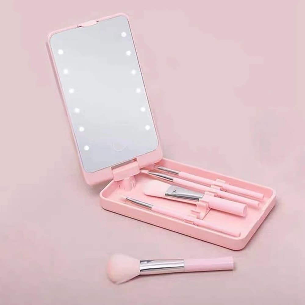 SPECCHIO PER TRUCCO PORTATILE CON SET PENNELLI ROTAZIONE 360° LUCI LED RICARICABILE TOUCH - 4
