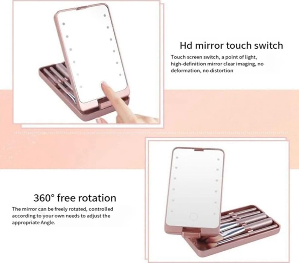 SPECCHIO PER TRUCCO PORTATILE CON SET PENNELLI ROTAZIONE 360° LUCI LED RICARICABILE TOUCH - 5