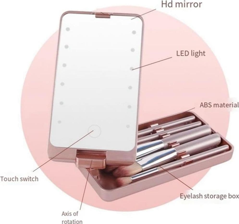 SPECCHIO PER TRUCCO PORTATILE CON SET PENNELLI ROTAZIONE 360° LUCI LED RICARICABILE TOUCH - 6
