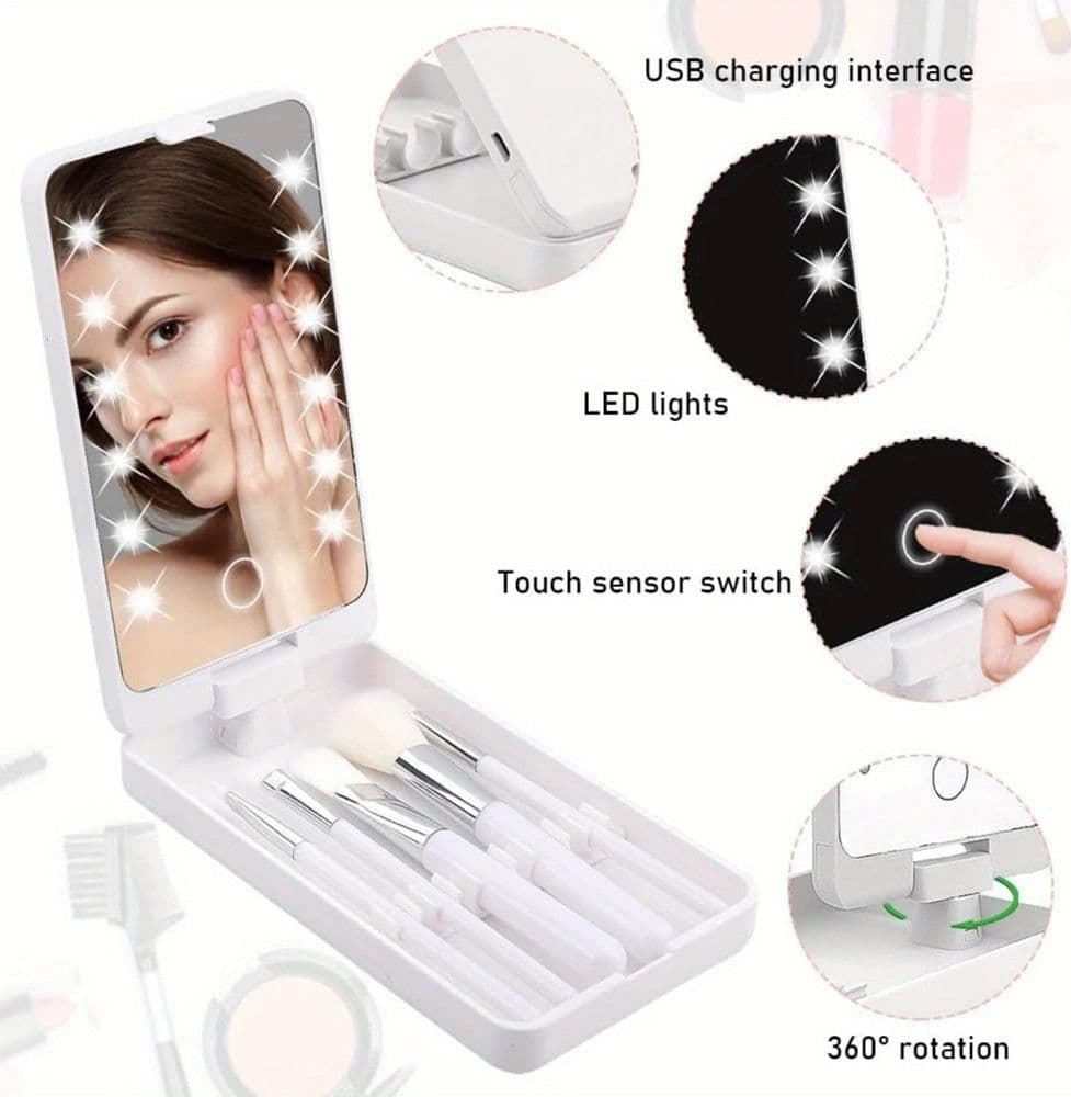 SPECCHIO PER TRUCCO PORTATILE CON SET PENNELLI ROTAZIONE 360° LUCI LED RICARICABILE TOUCH - 8