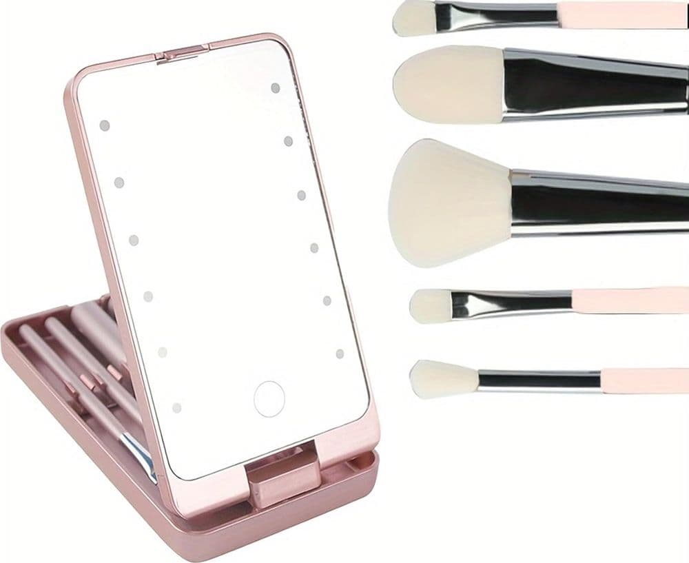 SPECCHIO PER TRUCCO PORTATILE CON SET PENNELLI ROTAZIONE 360° LUCI LED RICARICABILE TOUCH - 9