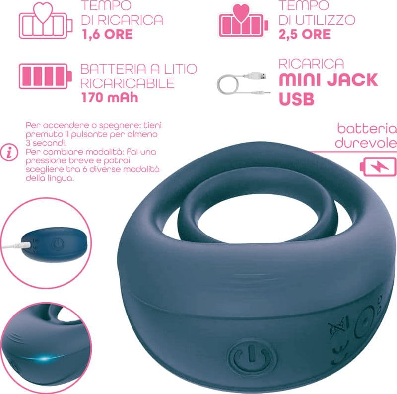 Anello Fallico Vibrante per Pene Stimolatore Clitoride Ritardante in Silicone USB - 19