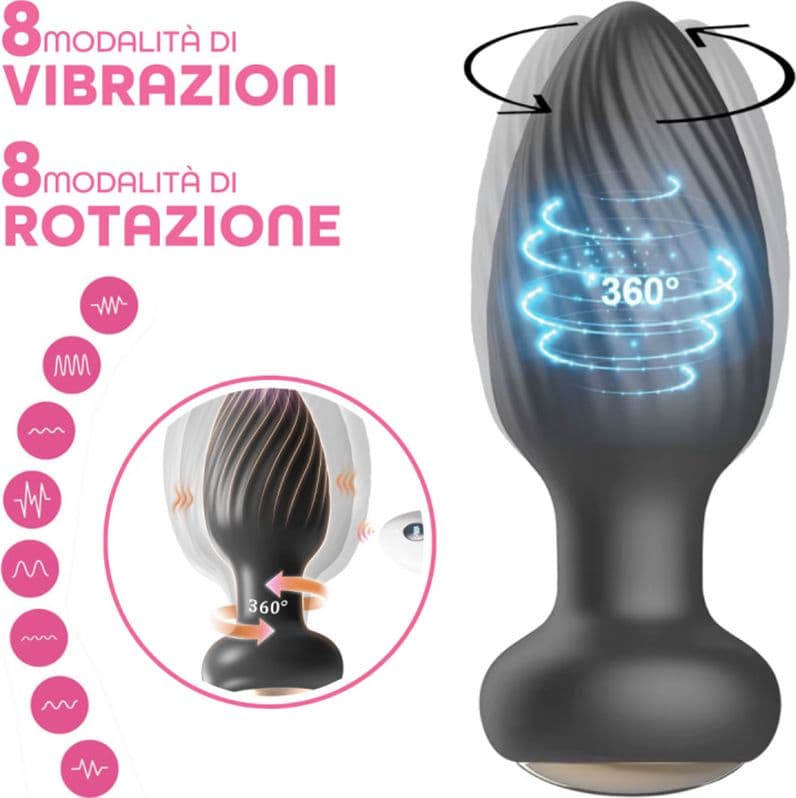 Plug Anale Vibrante e Rotante in Silicone con Telecomando Ricaricabile Sex Toy - 7